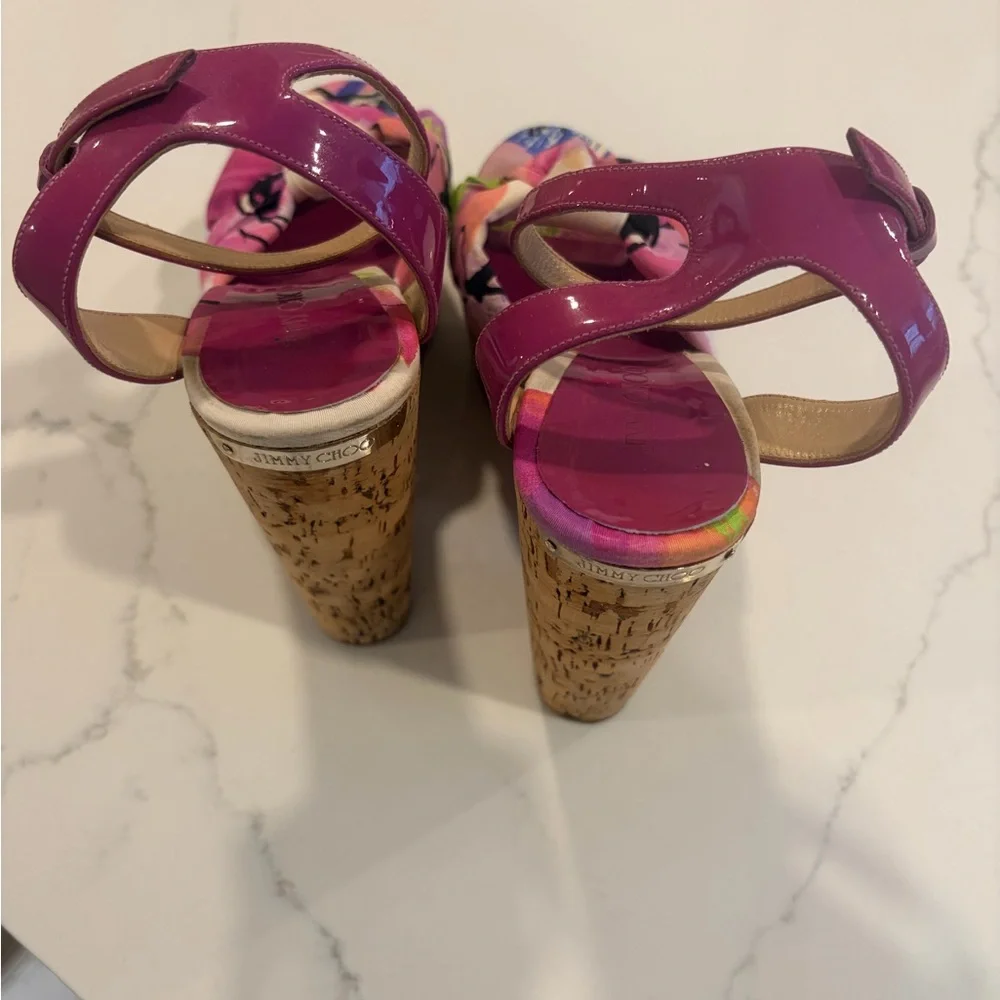 Jimmy Choo Platform Cork Wedge Sandals with Pink Floral Straps Sz 37.5